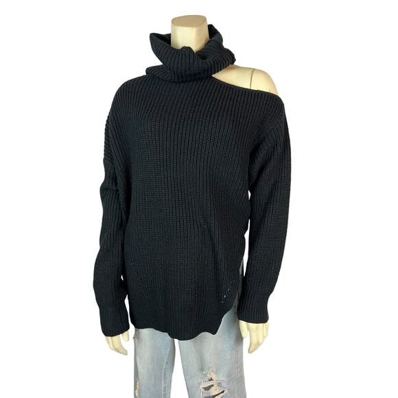 Lulu’s Womens sweater M Medium Black Knit Cold Shoulder Turtleneck Slouchy - Picture 7 of 11